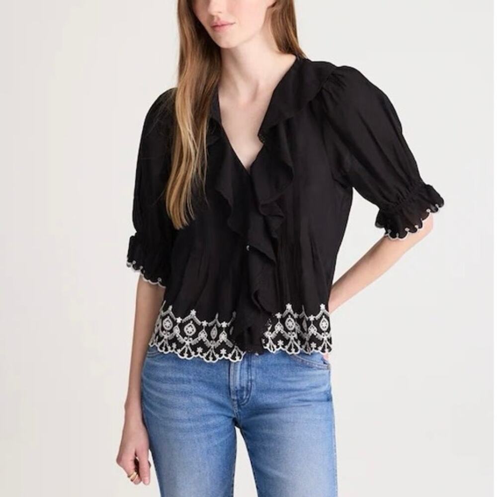 NWT Madewell The Blaire Embroidered Eyelet Ruffle-Sleeve Top Jet Black Size XS
